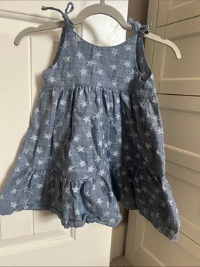 Girls Star Print Chambray Tie-Strap Dress